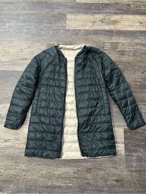 Athleta Reversible Long Puffer Jacket - Charcoal & Cream